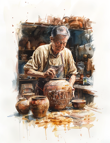 Discover the timeless art of pottery in this captivating illustration of an elderly artisan meticulously decorating a traditional clay pot. Set against a workshop backdrop filled with pottery tools and various ceramic creations, this detailed watercolor painting captures the essence of craftsmanship and heritage. The potter, focused and skilled, uses a thin brush to apply a beautiful elephant motif onto the surface of a large urn, surrounded by other intricately designed pottery pieces. This image not only highlights the precision required in pottery but also celebrates cultural artistry and the enduring beauty of handmade crafts.