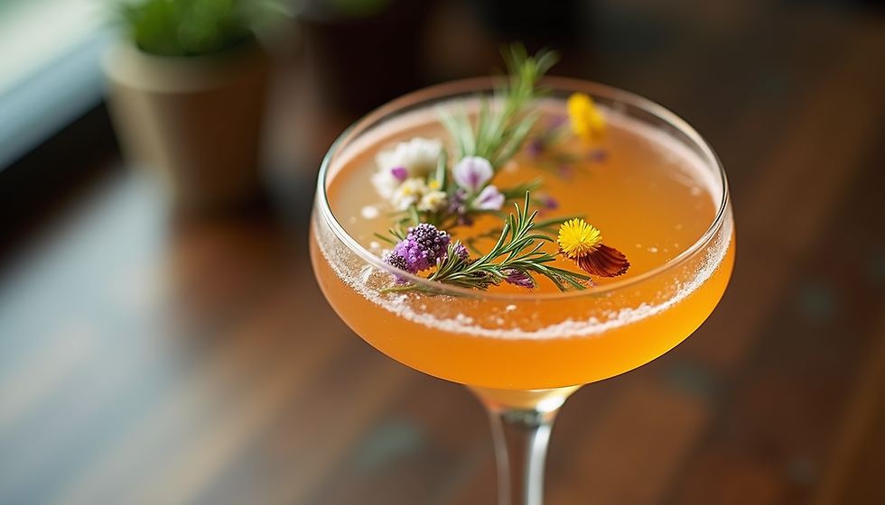 Elegant cocktail in a glass with vibrant orange liquid, garnished with rosemary and colorful flowers; blurred wooden background.