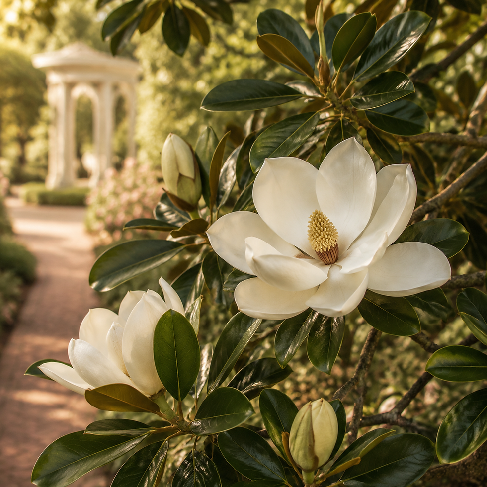 close-up magnolia blossom with garden path and white gazebo in soft warm light