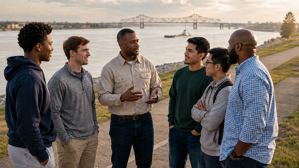 Group of men talking together outdoors as community mentors