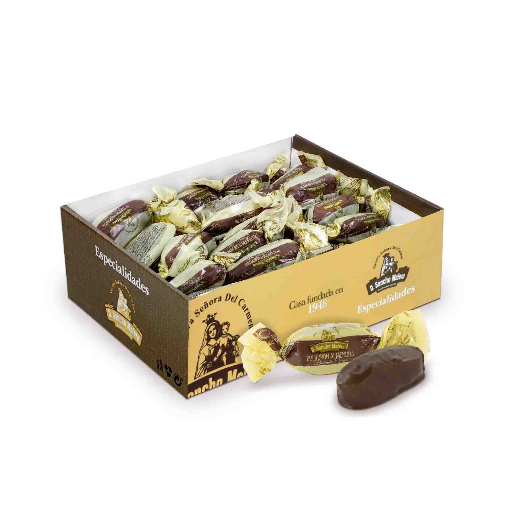 Caja granel de Polvorón 14% de Almendra bañado en cobertura especial al cacao de 4 kilogramos de la marca D. Sancho Melero.