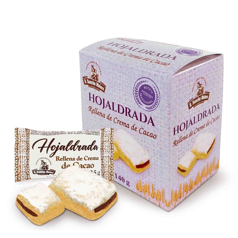 Estuche de Hojaldrada Rellena de Crema al Cacao de 140 gramos de la marca D. Sancho Melero.