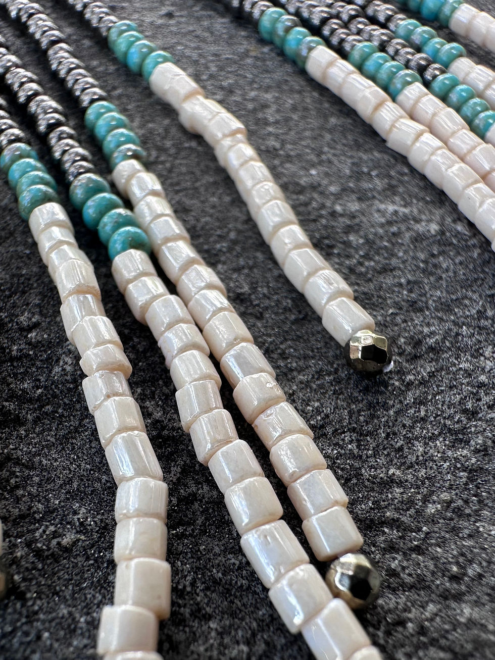 Thumbnail: Gunmetal, Turquoise, and Cream Beaded fringe