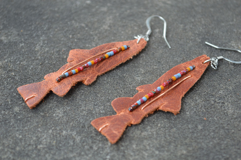 Thumbnail: Beaded Leather Trout earrings