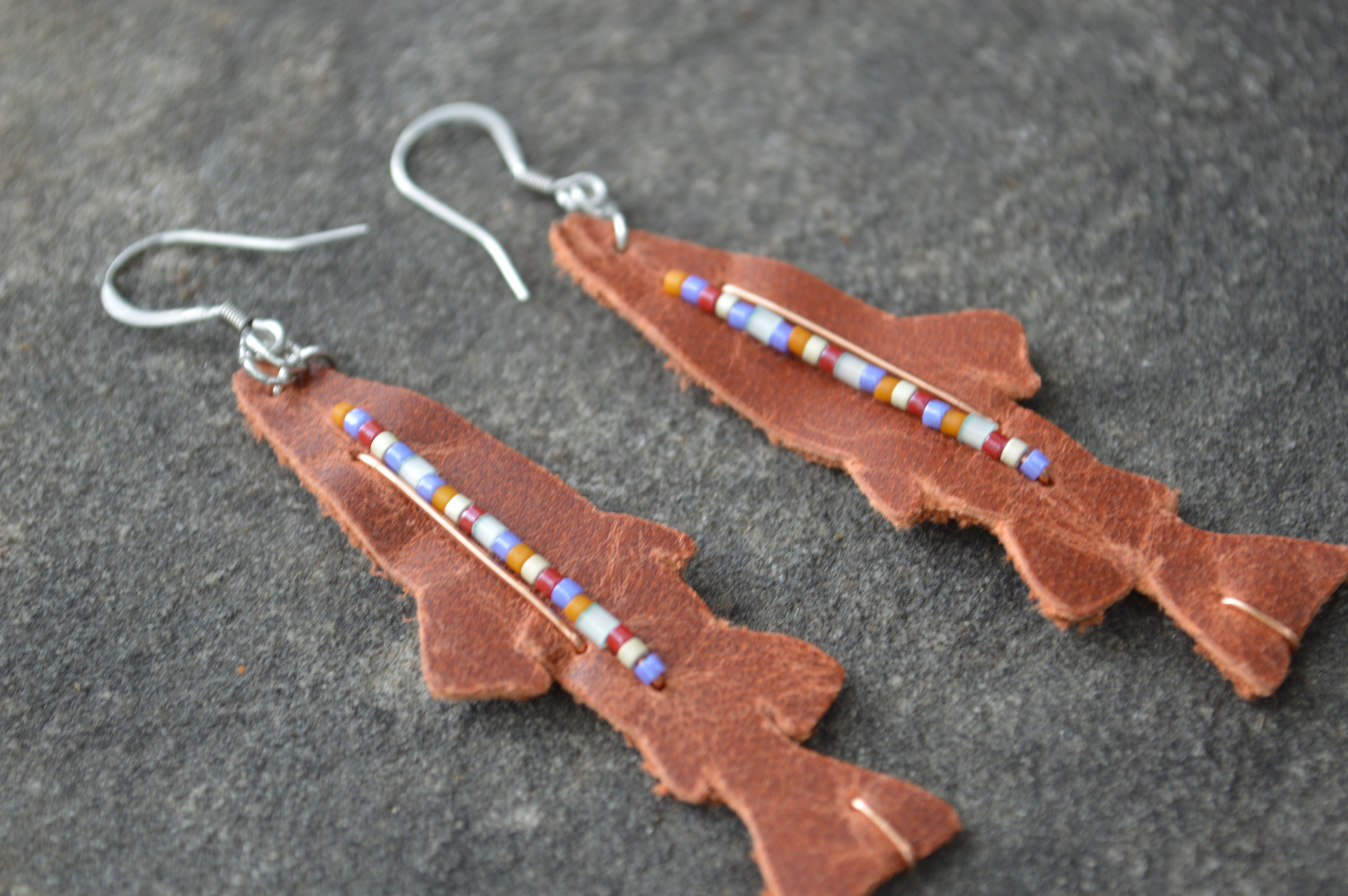 Beaded Leather Trout earrings