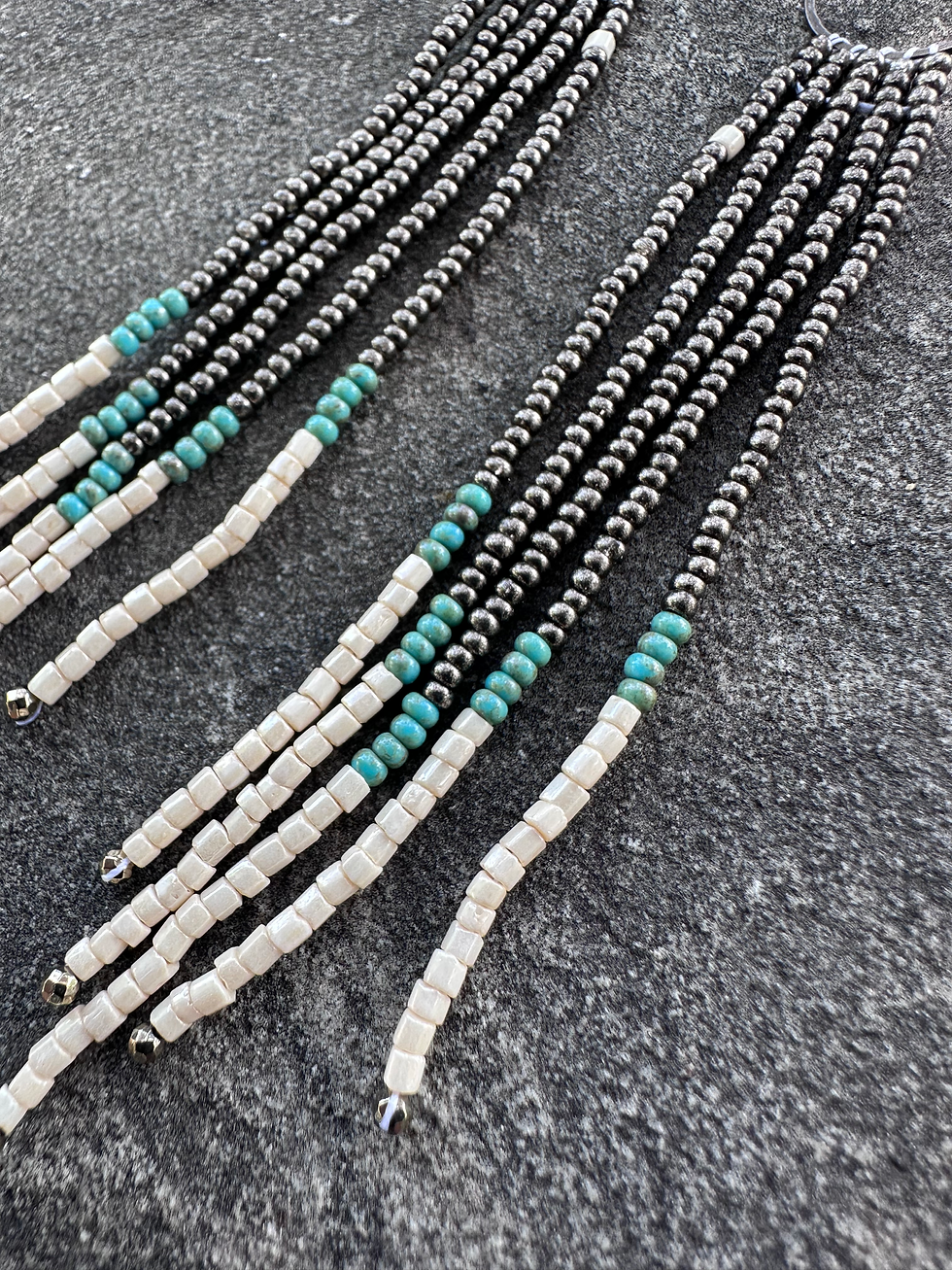 Thumbnail: Gunmetal, Turquoise, and Cream Beaded fringe