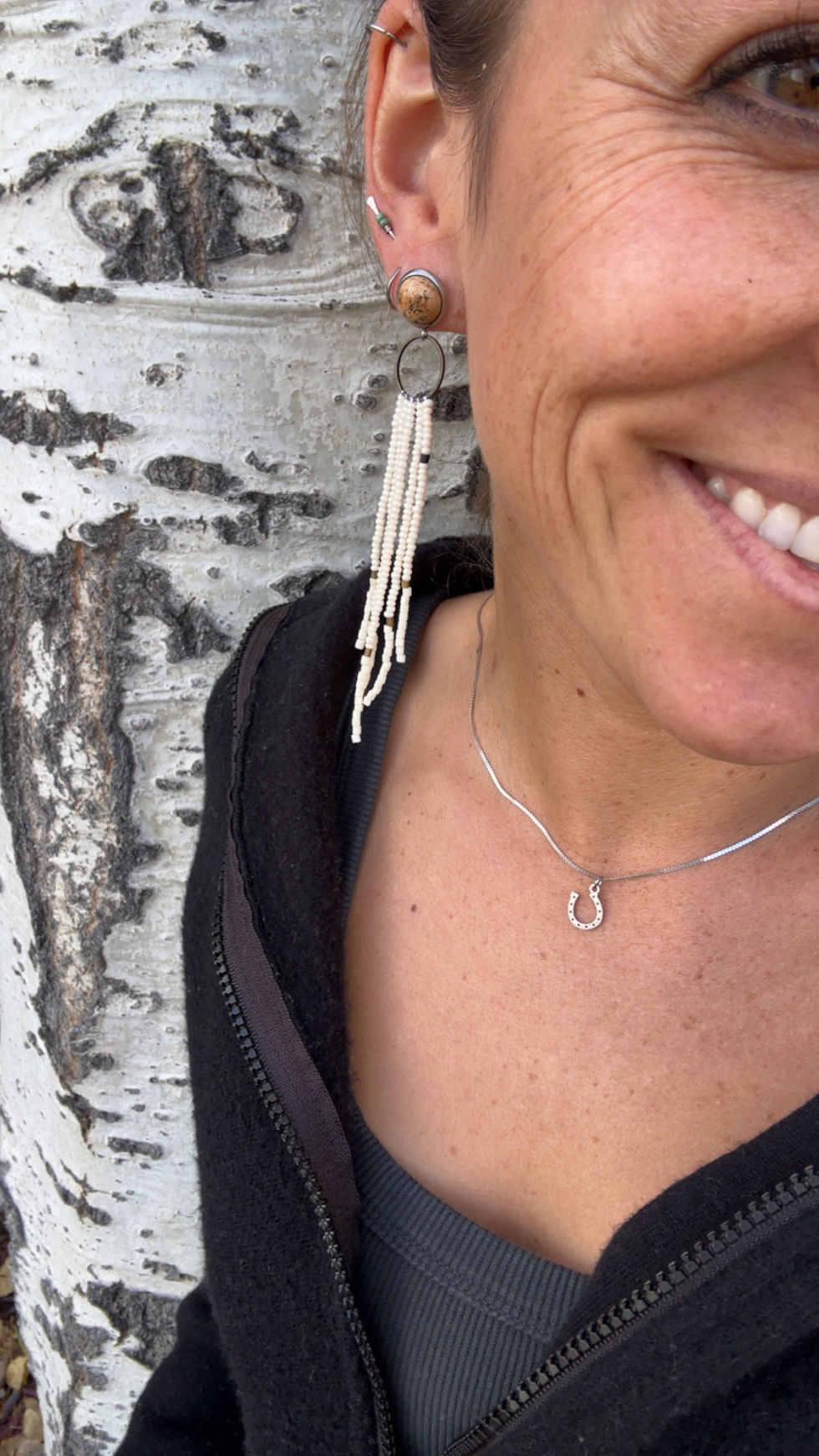 Thumbnail: Jasper and Cream beaded fringe earrings
