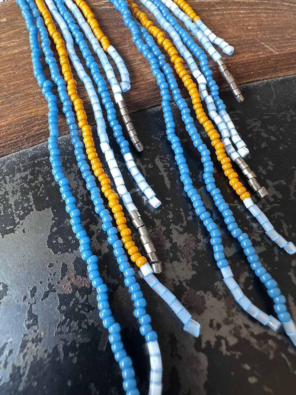Thumbnail: Blue and Gold Beaded fringe hoop earrings