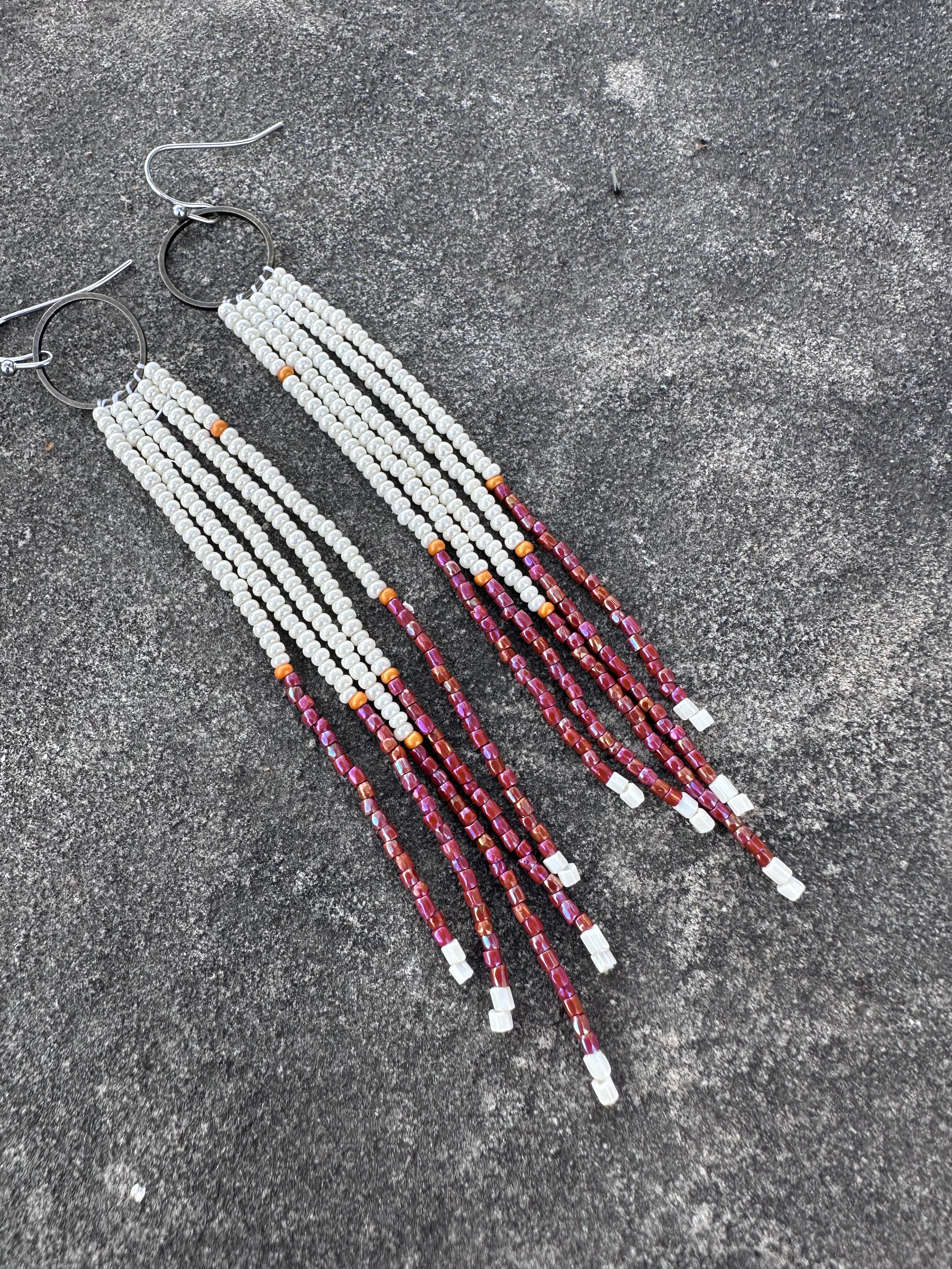 Pearl, Copper, and Purple beaded fringe earrings 