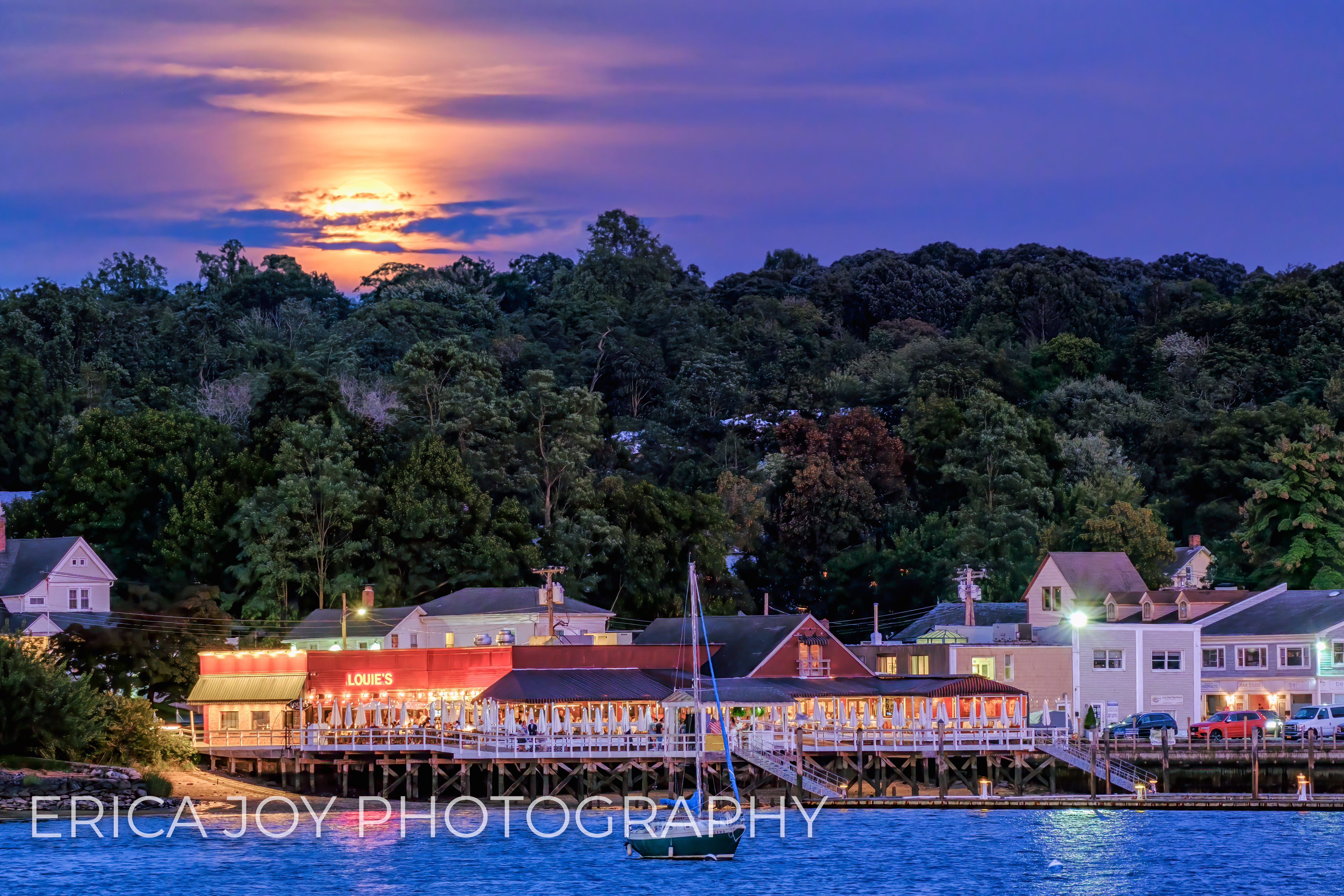 Full moon at blue hour in Port Washington New York