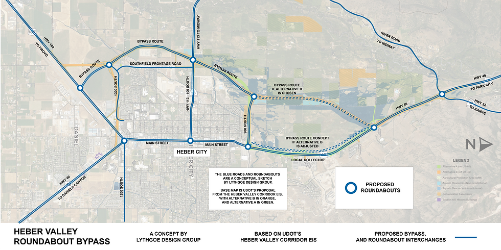 A concept for locations where roundabouts can be incorporated into the bypass plan, Heber City and surrounding areas. 					Credit: Lythgoe Design Group, UDOT