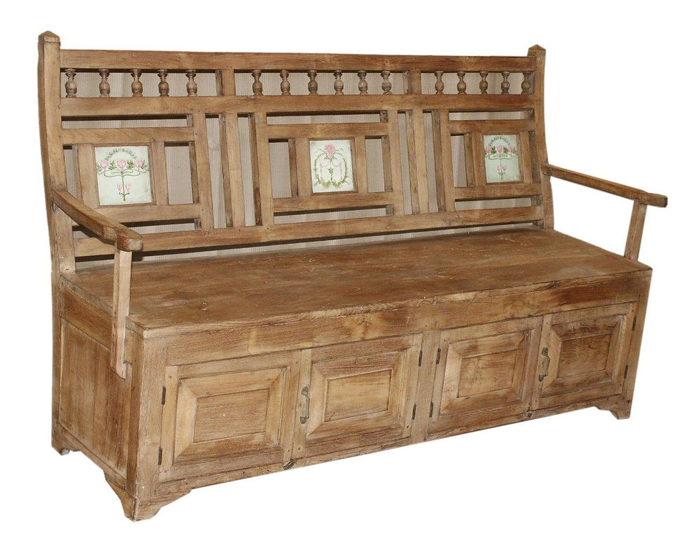Vintage Teak Wood Entry Way Bench with Ceramic Tile Backrest & Storage