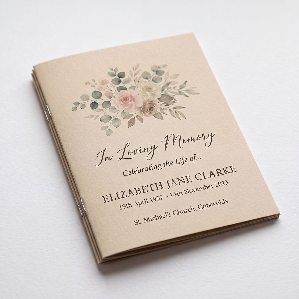 Funeral order of service booklet displayed on a white background