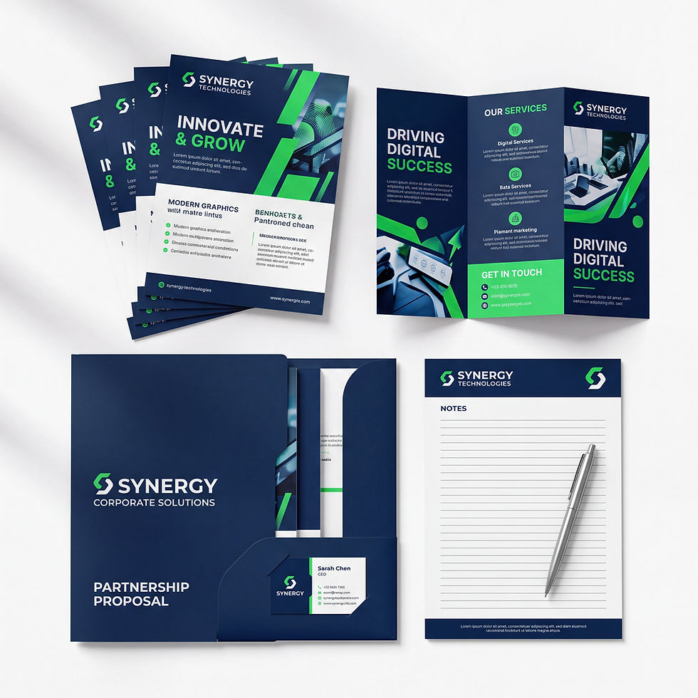 Corporate marketing materials displayed on a white background