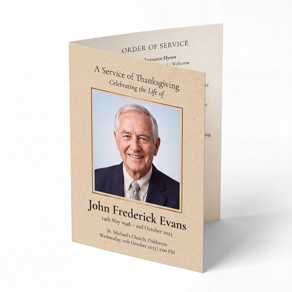 Personalised funeral order of service card displayed upright