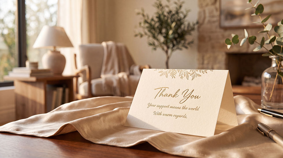 Funeral thank you card displayed on a memorial table