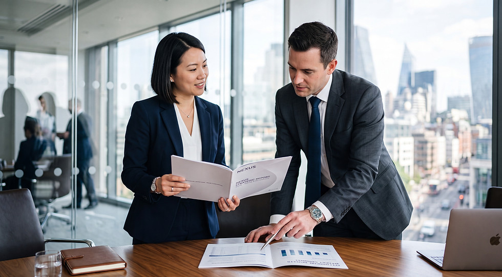 Business professionals reviewing corporate documents in an office