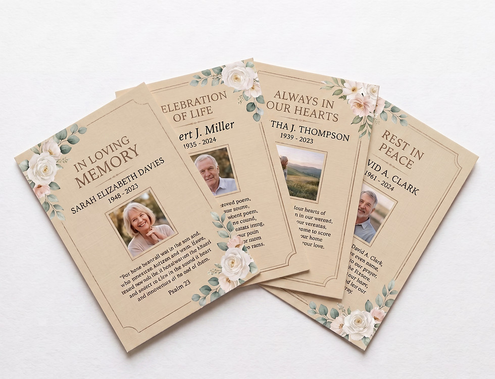 Memorial prayer cards displayed on a white background