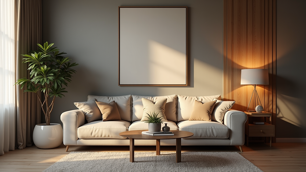 Eye-level view of a cozy living room with a comfortable sofa