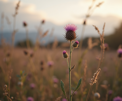 A-rustic-scene-featuring-scottish-thistle-and-heather-arranged-with-subtle-lighting-and-co