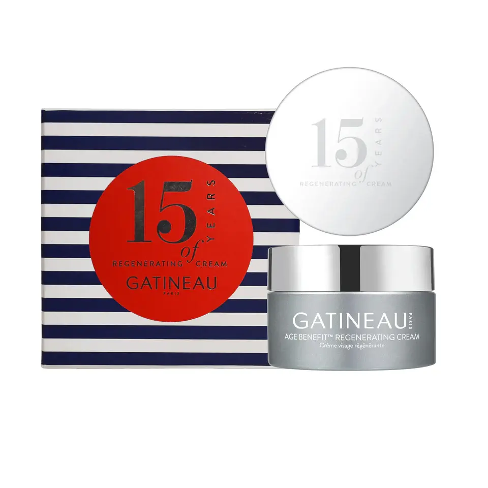 Gatineau skincare set includes cream, 15 year anniversary, red circle design, and box.
