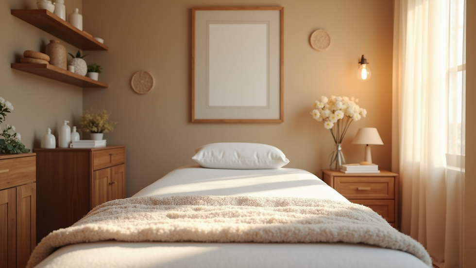Eye-level view of a cosy salon treatment room with soft lighting and natural decor
