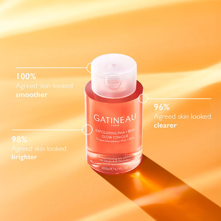 Gatineau skincare product with visible text, 100% smoother, 96% cleaner, 98% brighter.
