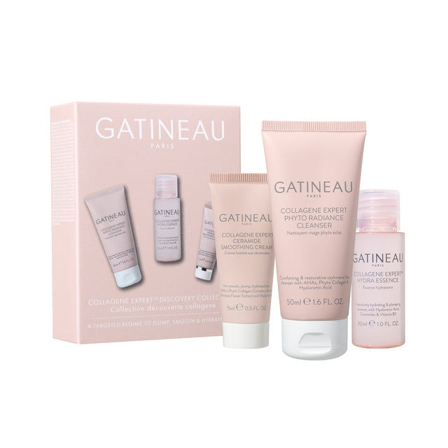 Gatineau skincare set with multiple products in a pink box, visible text.