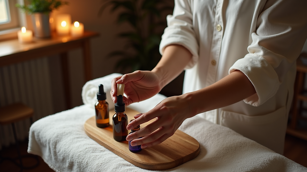 High angle view of a massage therapist preparing oils in a rustic salon