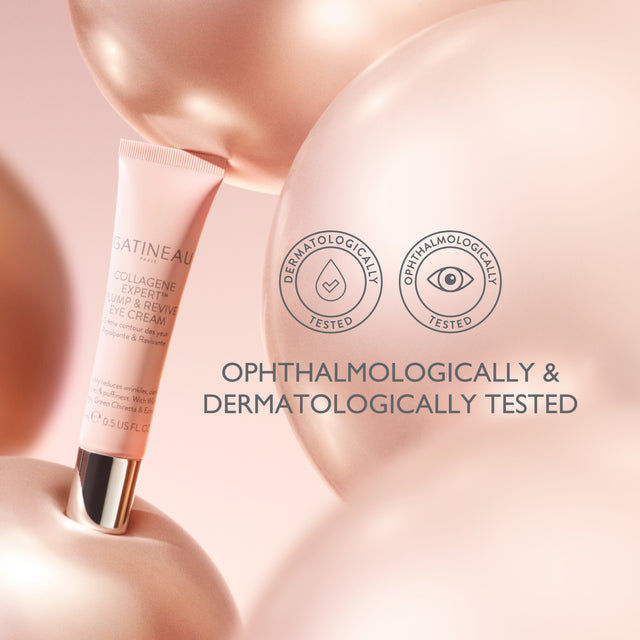Thumbnail: Pink tube of eye cream, Ophthalmoligically & Dermatologically Tested, product background.