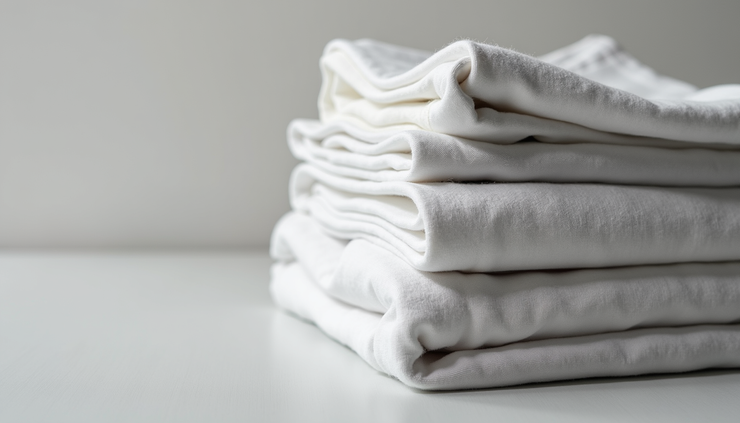 Vista a la altura de los ojos de una pila de camisetas de algodón dobladas con textura de tela visible.