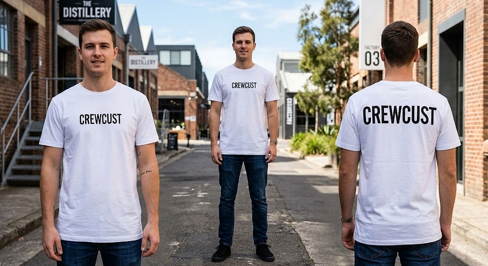 White t-shirt with black CrewCust logo printed on front chest and back