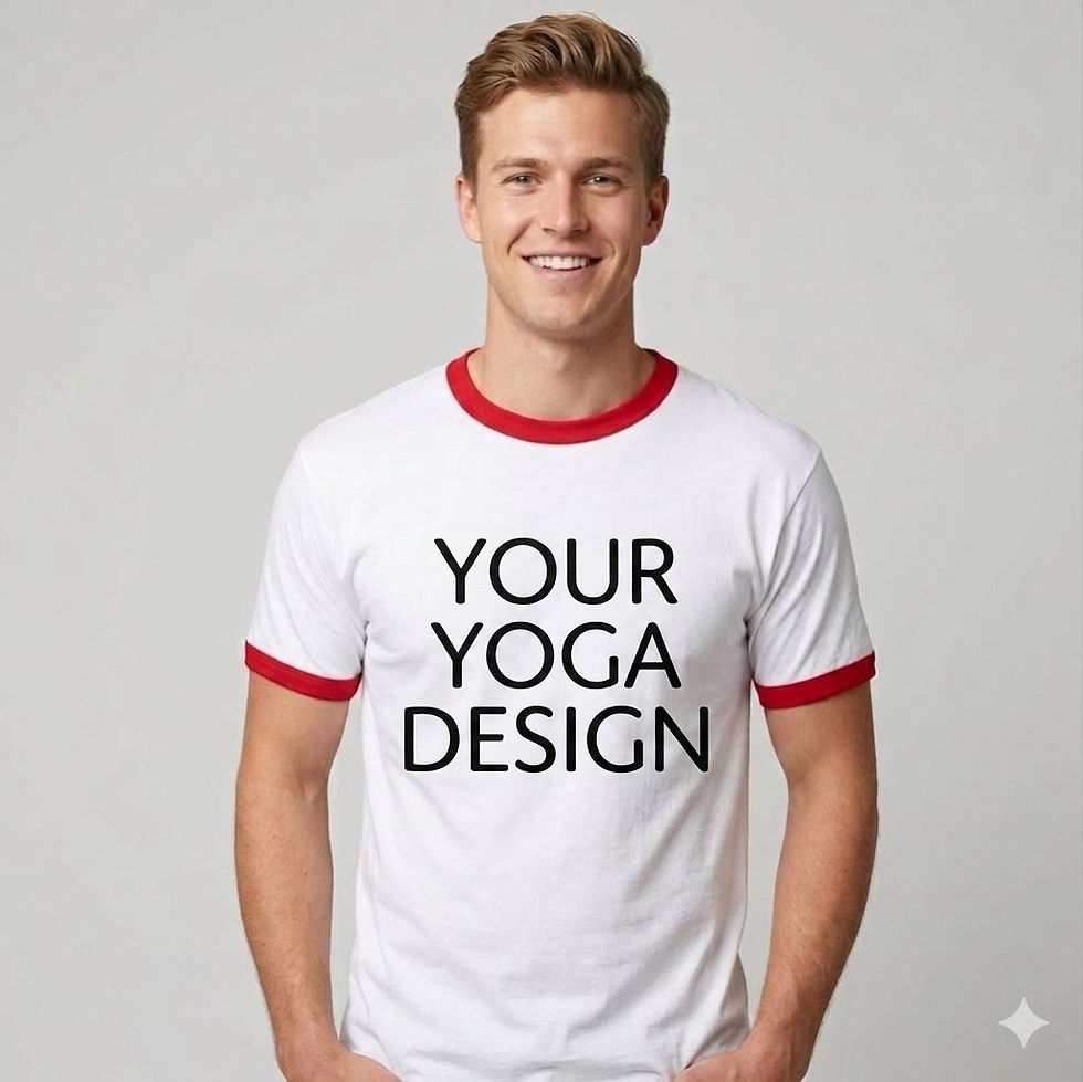 A smiling young man wearing a white ringer t-shirt with contrasting red collars and cuffs. The text "YOUR YOGA DESIGN" is printed in a clean, bold black screen-print font across the front chest of the t-shirt.