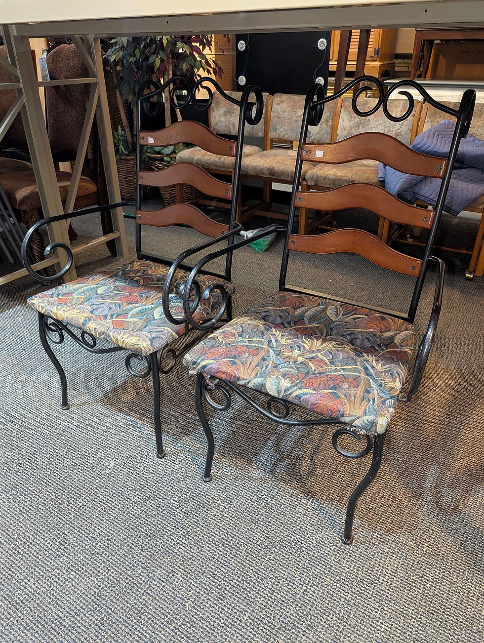 Miniatura: Wrought Iron Dining Chair Scrolled Armrests/Pattern Fabric Upholstery Seat #1-2