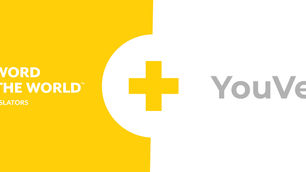 Yellow and white split background with white text "THE WORD FOR THE WORLD, BIBLE TRANSLATORS" and "YouVersion" in gray, separated by a plus sign.