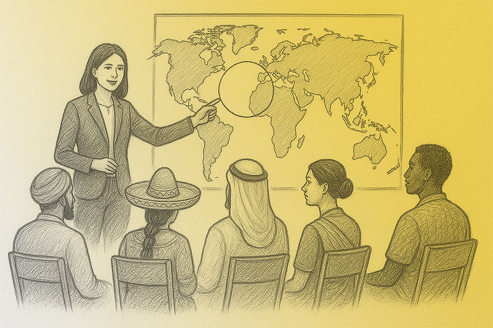 A woman in a suit points to a world map in a room with yellow lighting. Five seated attendees in diverse attire listen attentively.