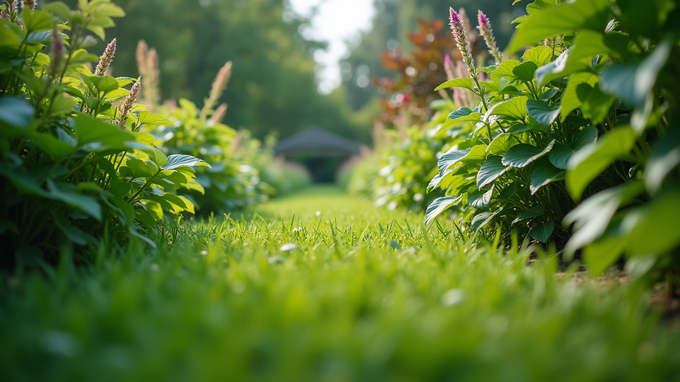 Eye-level view of a lush green garden with diverse plants