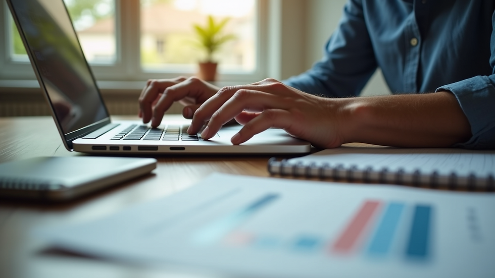 Close-up view of a person typing on a laptop keyboard with SEO strategy notes nearby