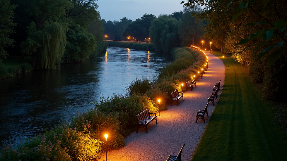 High angle view of the River Severn with a walking path and benches