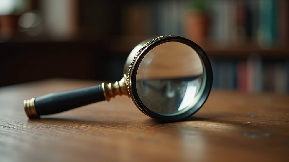 Eye-level view of a vintage detective's magnifying glass on a wooden table