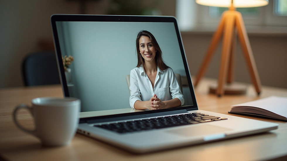 Eye-level view of a laptop on a desk with a wellness coaching session on screen
