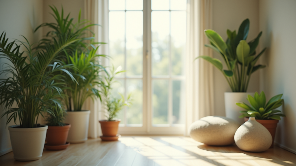 Close-up view of a calm, peaceful indoor space with plants and soft lighting