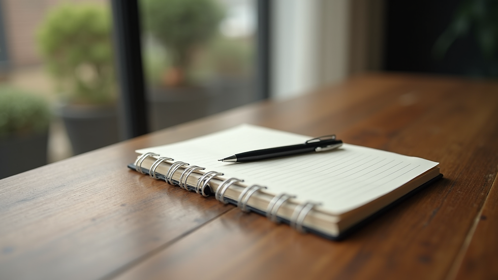 Close-up view of a journal and pen on a wooden table, symbolizing reflection and growth