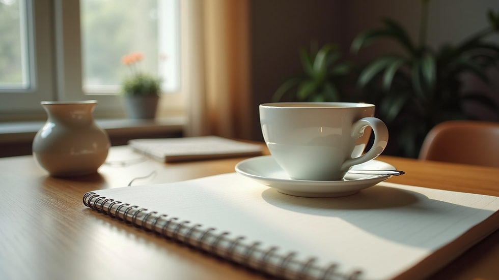 Eye-level view of a serene workspace with a cup of tea and a notebook
