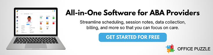 Banner with laptop showing software dashboard and text: All-in-One Software for ABA Providers, Get Started for Free, Office Puzzle