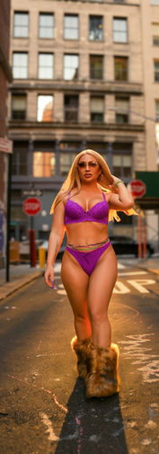 Woman in purple lingerie walking down a city alley. Photography by Rafael Mercedes.