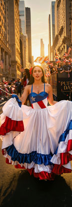 Woman in Puerto Rican flag dress at a city parade