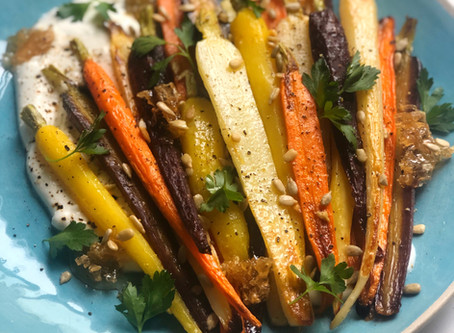 Roasted Rainbow Carrots with Whipped Feta, Honeycomb & Sunflower
