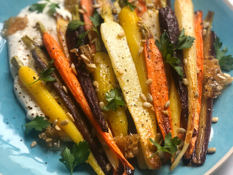 Roasted Rainbow Carrots with Whipped Feta, Honeycomb & Sunflower