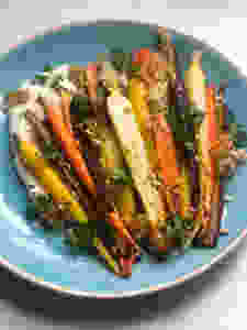 Roasted Rainbow Carrots with Whipped Feta, Honeycomb & Sunflower